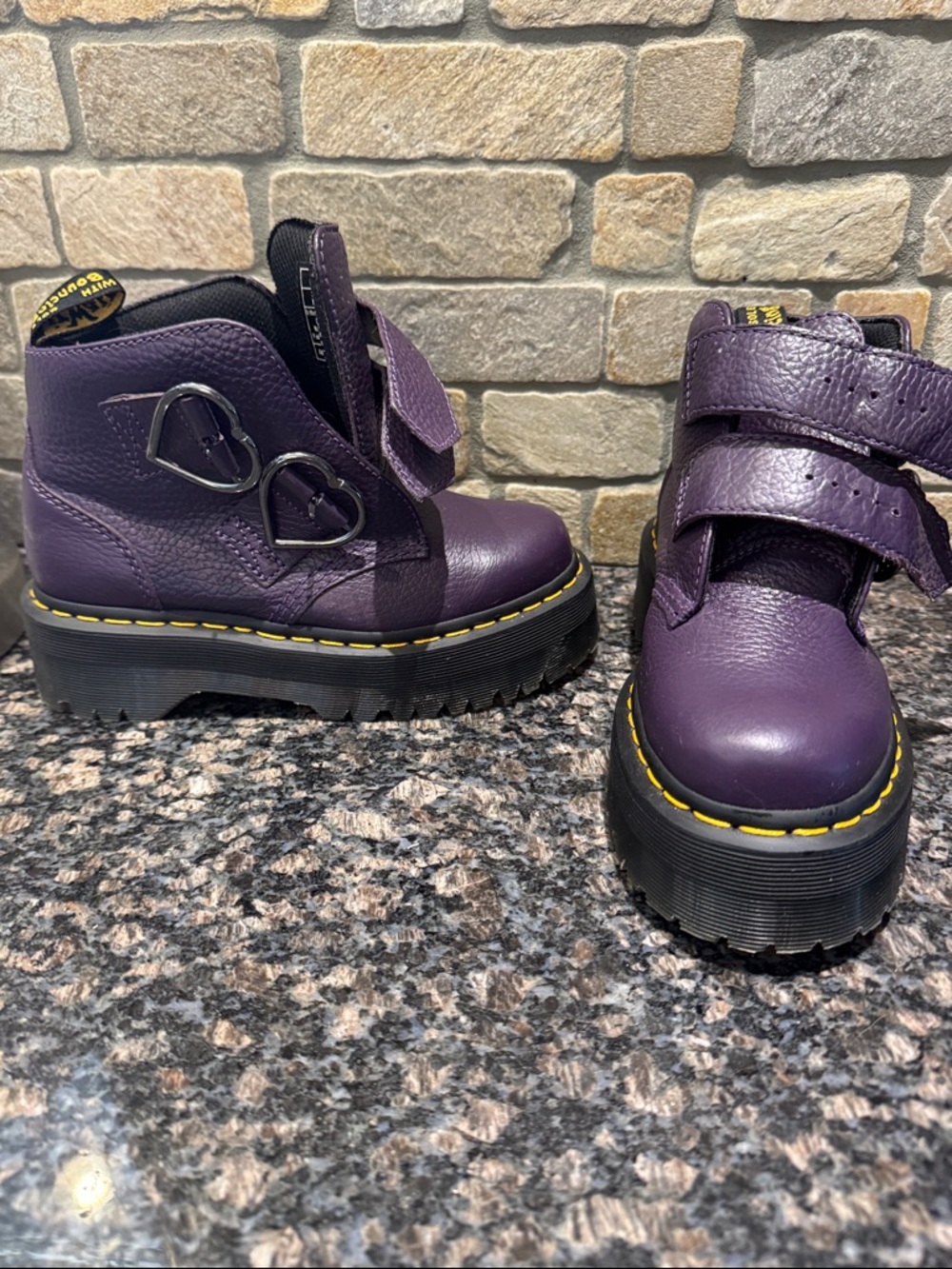 Dr. Martens Purple Leather Platform Ankle Boots with Heart Buckles